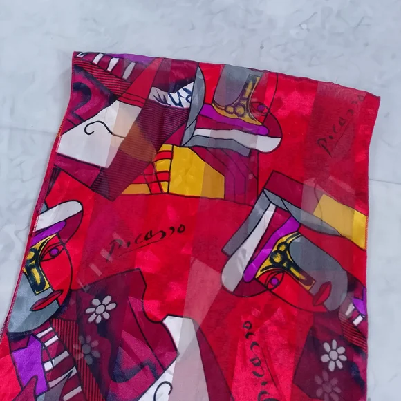 Vintage Picasso Abstract Silk Scarf Red 60x13 Artistic Retro Accessory - Picture 8 of 8